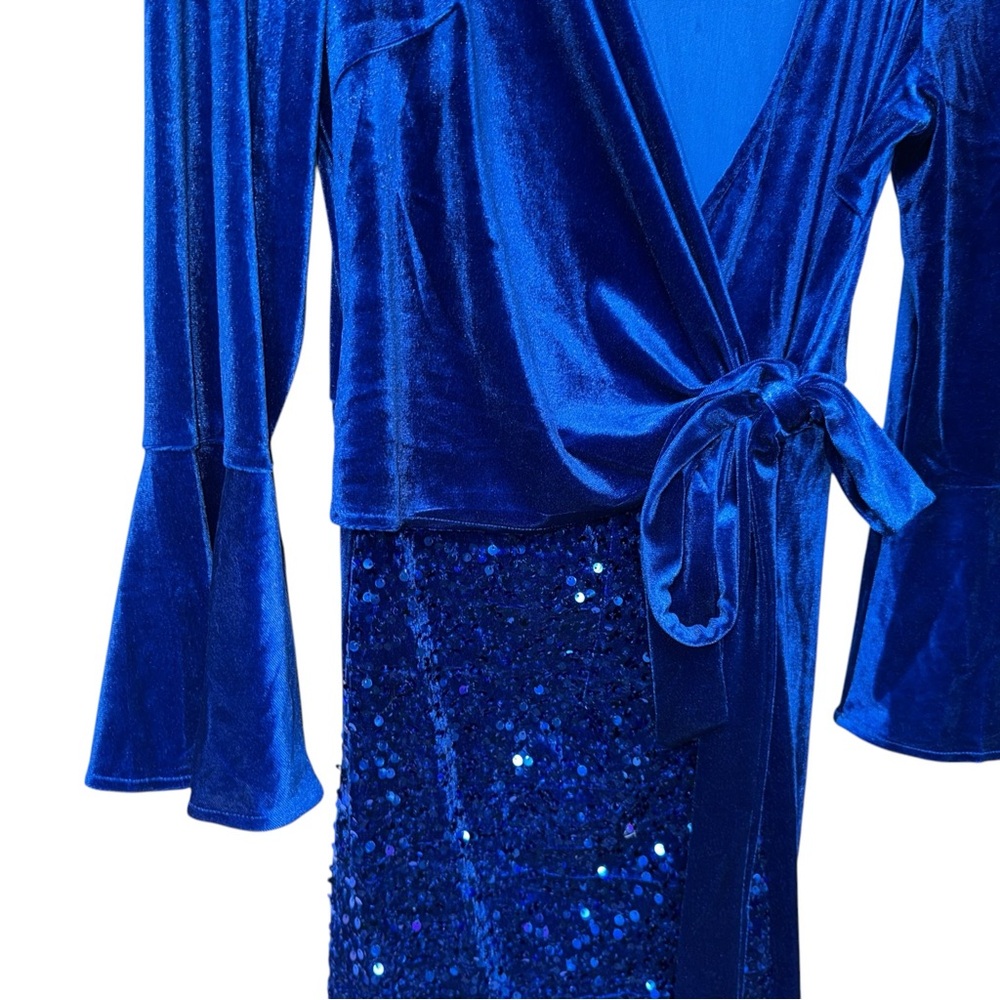 Dressy Star Royal Blue Velvet Contrast Sequin Wrap Dress Elegant Glam XXL NWT - Picture 4 of 8